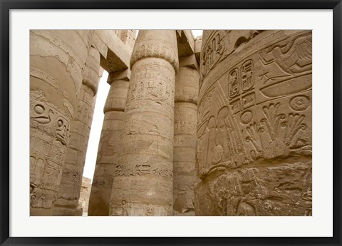 Framed Hieroglyphic covered columns in hypostyle hall, Karnak Temple, East Bank, Luxor, Egypt Print