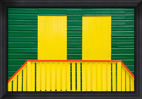 Framed Yellow and Green wooden cottages, Muizenberg Resort, Cape Town, South Africa Print