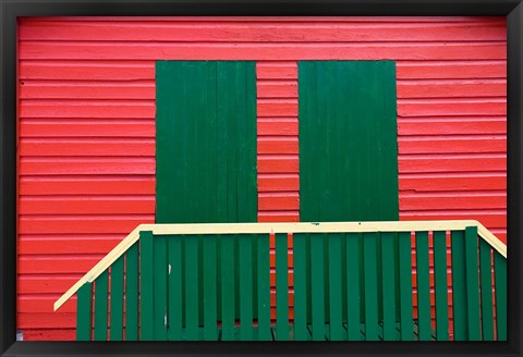 Framed Red and Green wooden cottages, Muizenberg Resort, Cape Town, South Africa Print