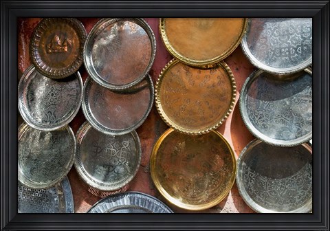 Framed Brass plates for sale in the Souk, Marrakech (Marrakesh), Morocco, North Africa Print