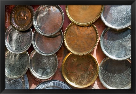 Framed Brass plates for sale in the Souk, Marrakech (Marrakesh), Morocco, North Africa Print