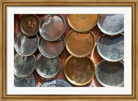 Framed Brass plates for sale in the Souk, Marrakech (Marrakesh), Morocco, North Africa Print