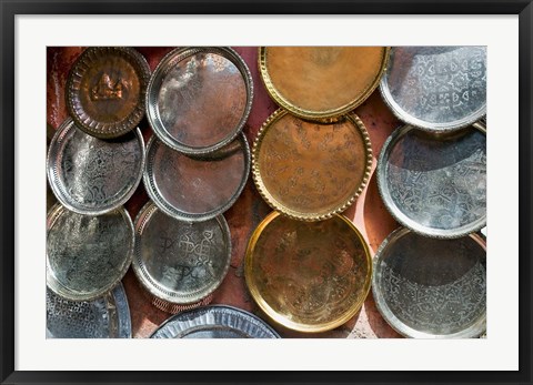 Framed Brass plates for sale in the Souk, Marrakech (Marrakesh), Morocco, North Africa Print