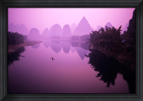 Framed Fisherman on Raft in Li River, Yangshou, Guanxi, China Print