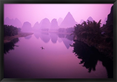 Framed Fisherman on Raft in Li River, Yangshou, Guanxi, China Print