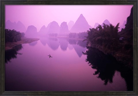 Framed Fisherman on Raft in Li River, Yangshou, Guanxi, China Print