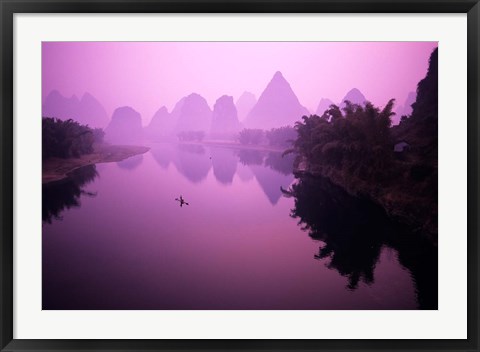 Framed Fisherman on Raft in Li River, Yangshou, Guanxi, China Print