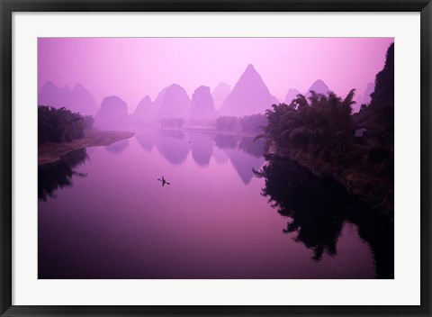 Framed Fisherman on Raft in Li River, Yangshou, Guanxi, China Print