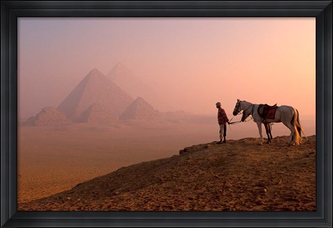 Framed Dawn View of Guide and Horses at the Giza Pyramids, Cairo, Egypt Print