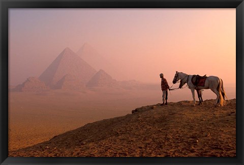 Framed Dawn View of Guide and Horses at the Giza Pyramids, Cairo, Egypt Print