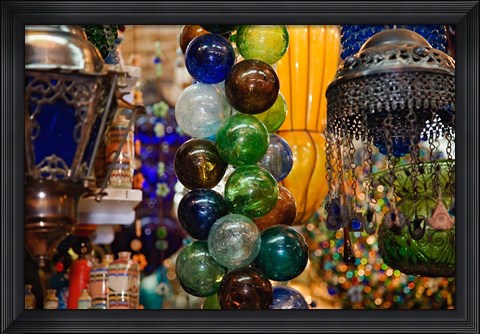 Framed Glass Balls and Lamps, Khan El Khalili Bazaar, Cairo, Egypt Print