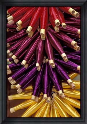 Framed Colorful Spools of Thread Hang in the Market, Fes, Morocco Print