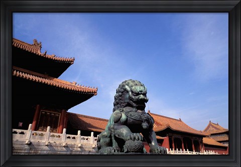Framed Bronze lion statue, , Forbidden City, China Print