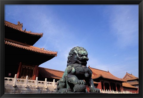 Framed Bronze lion statue, , Forbidden City, China Print