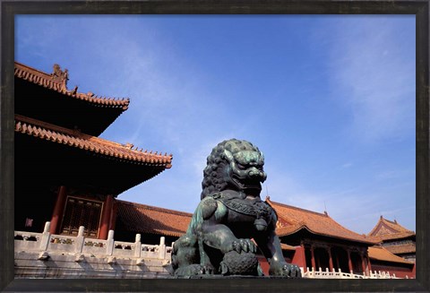 Framed Bronze lion statue, , Forbidden City, China Print