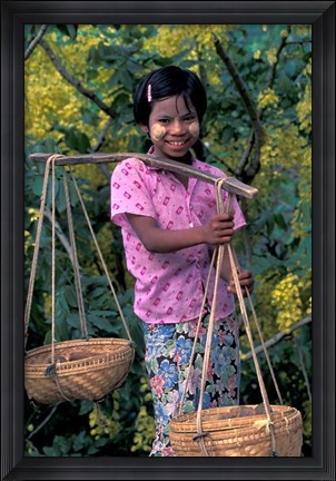 Framed Girl with Painted Face Carrying Basket on Shoulder Pole, Myanmar Print