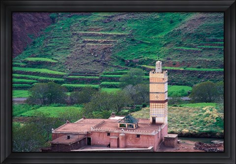 Framed Geometric Tilework on Mosque Minaret, Morocco Print