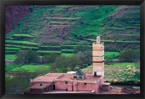 Framed Geometric Tilework on Mosque Minaret, Morocco Print