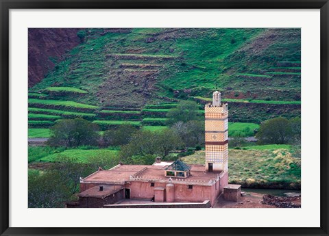 Framed Geometric Tilework on Mosque Minaret, Morocco Print