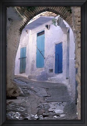 Framed Blue Doors and Whitewashed Wall, Morocco Print