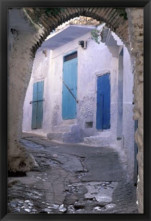 Framed Blue Doors and Whitewashed Wall, Morocco Print