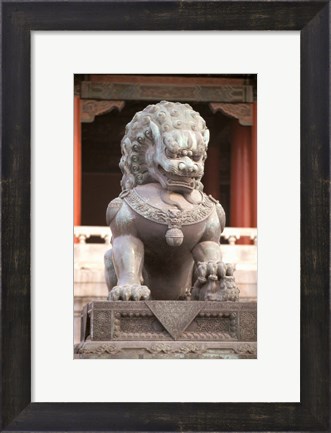 Framed China, Beijing, Forbidden City. Bronze lion statue Print