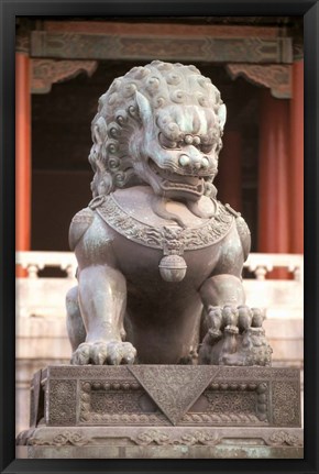 Framed China, Beijing, Forbidden City. Bronze lion statue Print