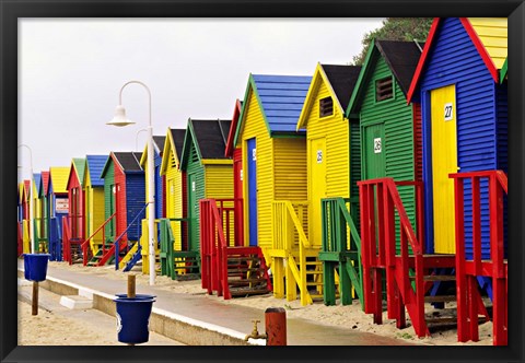Framed Colorful Changing Houses, False Bay Beach, St James, South Africa Print