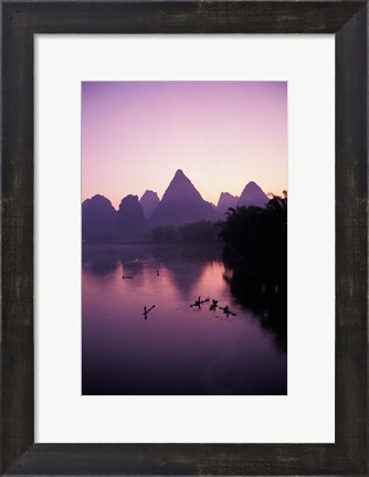Framed Fishing rafts on Li River, dawn, Guangxi Province, China Print