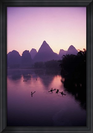 Framed Fishing rafts on Li River, dawn, Guangxi Province, China Print