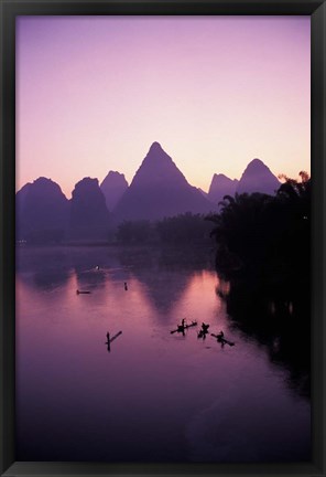 Framed Fishing rafts on Li River, dawn, Guangxi Province, China Print