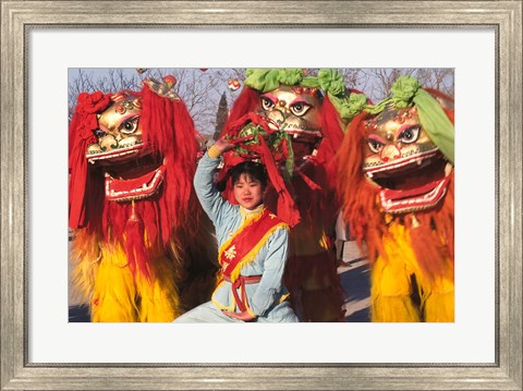 Framed Girl Playing Lion Dance for Chinese New Year, Beijing, China Print