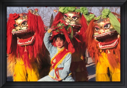 Framed Girl Playing Lion Dance for Chinese New Year, Beijing, China Print