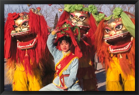 Framed Girl Playing Lion Dance for Chinese New Year, Beijing, China Print