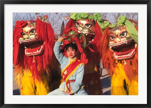 Framed Girl Playing Lion Dance for Chinese New Year, Beijing, China Print