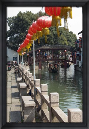 Framed Boat in canal with old wooden bridge, Zhujiajiao, Shanghai, China Print