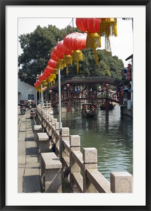 Framed Boat in canal with old wooden bridge, Zhujiajiao, Shanghai, China Print