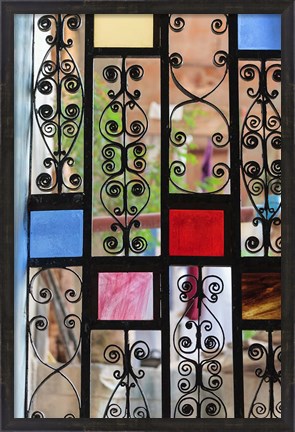 Framed Africa, Tanzania, Zanzibar, Stone Town. Stained glass and iron door. Print