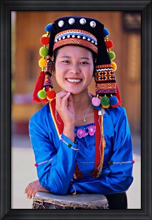 Framed China, Yunnan, Young De&#39;ang Woman portrait with Drum Print