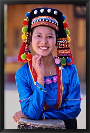 Framed China, Yunnan, Young De&#39;ang Woman portrait with Drum Print