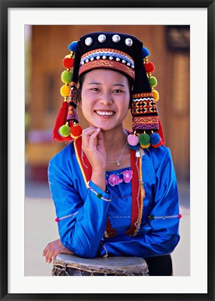 Framed China, Yunnan, Young De&#39;ang Woman portrait with Drum Print