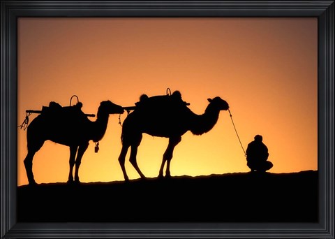 Framed Camel Caravan Silhouette at Dawn, Silk Road, China Print