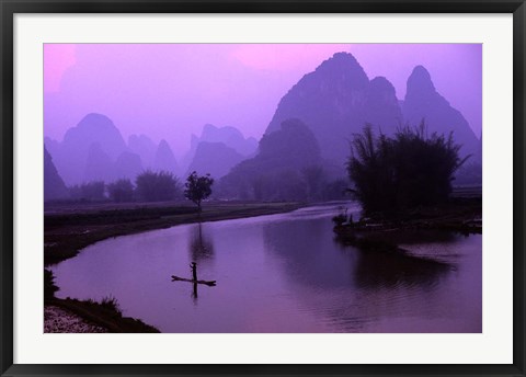 Framed Aerial Scenic of the Fishermen and Limestone Mountains, Gulin, China Print