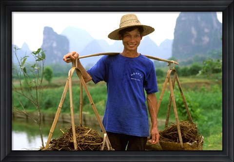 Framed Colorful Portrait of Rice Farmer in Yangshou, China Print
