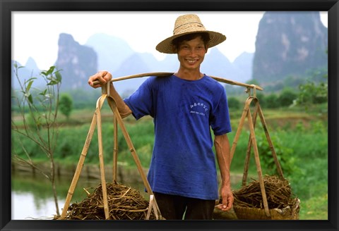 Framed Colorful Portrait of Rice Farmer in Yangshou, China Print