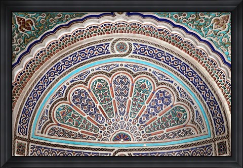 Framed Africa, Morocco, Marrakech. Painted stucco detail at El Bahia Palace. Print