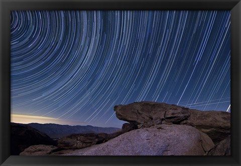 Framed Star trails and a granite rock outcropping overlooking Anza Borrego Desert State Park Print