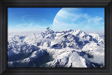 Framed gas giant rises in the distance over a massive slumbering volcano Print