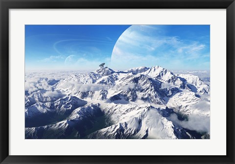 Framed gas giant rises in the distance over a massive slumbering volcano Print