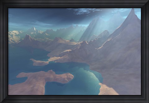 Framed Sunrays shine down on this image of the coastline Print